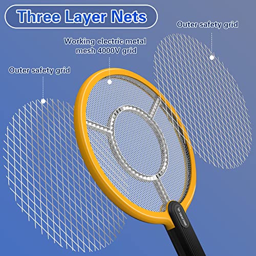 Tmactime Electric Fly Swatter 4000V Bug Zapper Racket 2 In 1 Rechargeable Fly Zapper Racket With Support Base Electric Mosquito Killer With 3-Layer Safety Mesh For Indoors And Outdoors (Yellow/Black) #TOP2