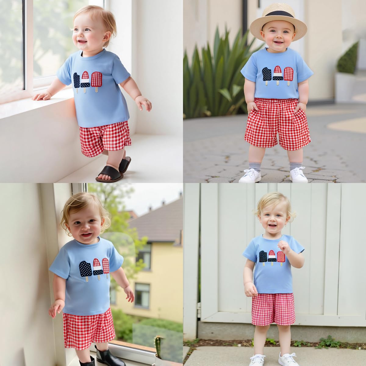Bonangber Toddler Boy 4th of July Outfit Popsicle Embroidery Short Sleeve T Shirt Plaid Shorts Set Fourth of July Baby Boy Outfit(D-Blue 4th of July,18-24 Months)