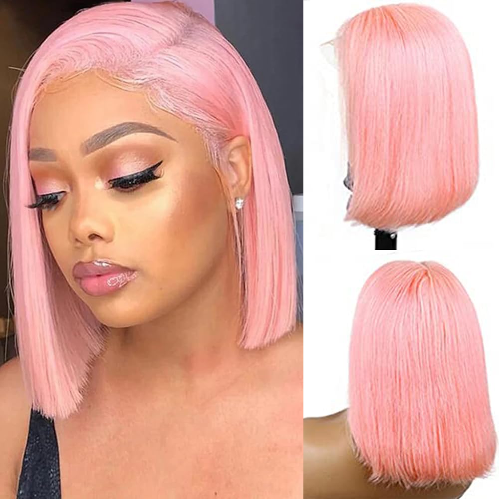 Silky Straight Pink Bob Wigs Brazilian Human Hair HD Transparent 13x4 Lace Front Wigs Virgin Hair 180% Density Pre Plucked with Baby Hair 10 Inch