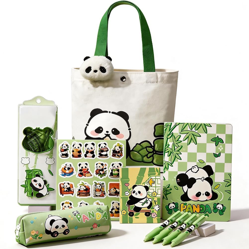 Lyiube Panda Stationery Set, 113 Pcs Panda Theme Pencil Pouch Set,Include pandapencil case, Tote Bagfor, Gel Ink pens, Stickers, Notebooks, Rulers,Brooch for School Office Supplies,Stationery