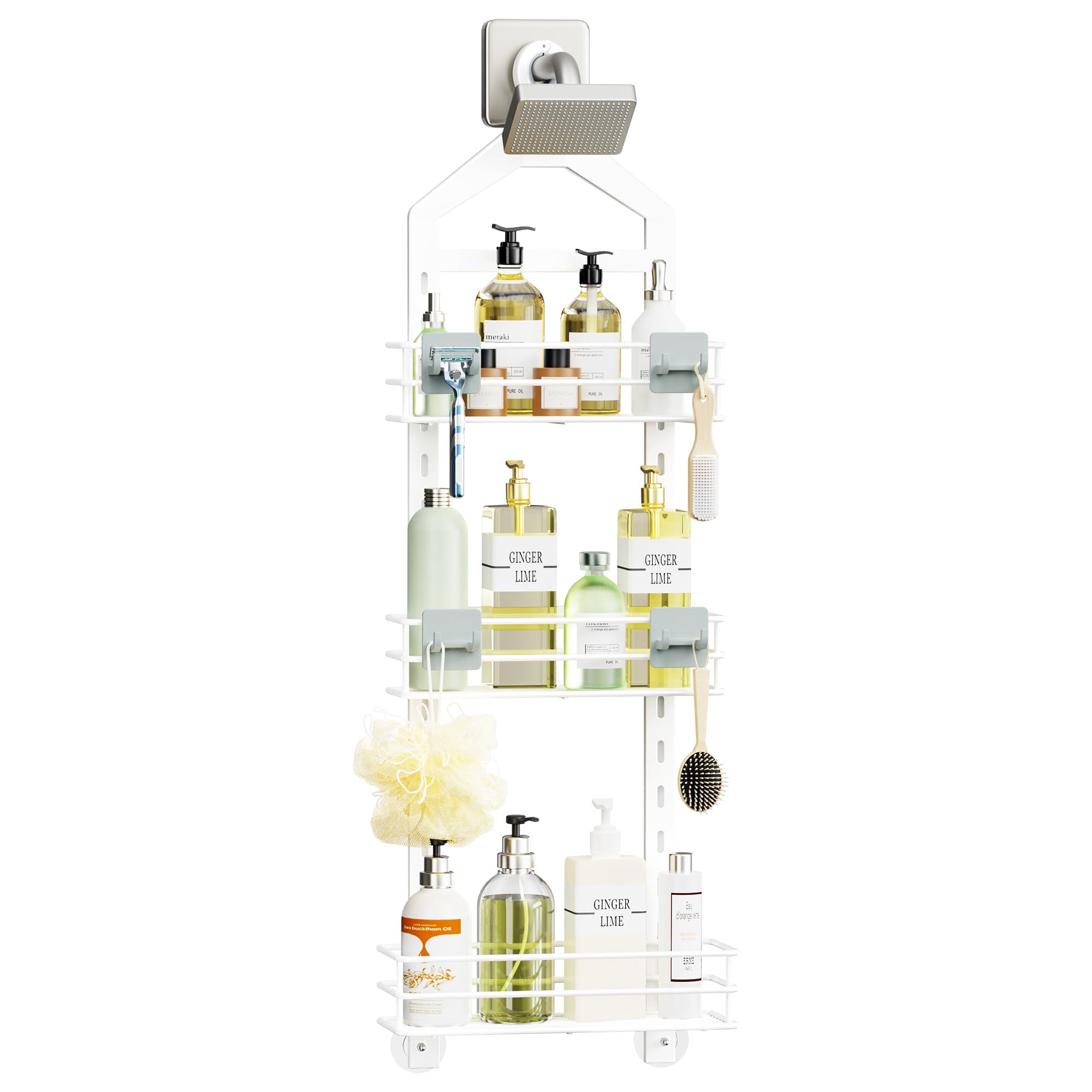 Orimade Adjustable Anti-slip Shower Caddy over Head Rustproof Bathroom Hanging Shower Organizer with 2 Hooks for Razor No