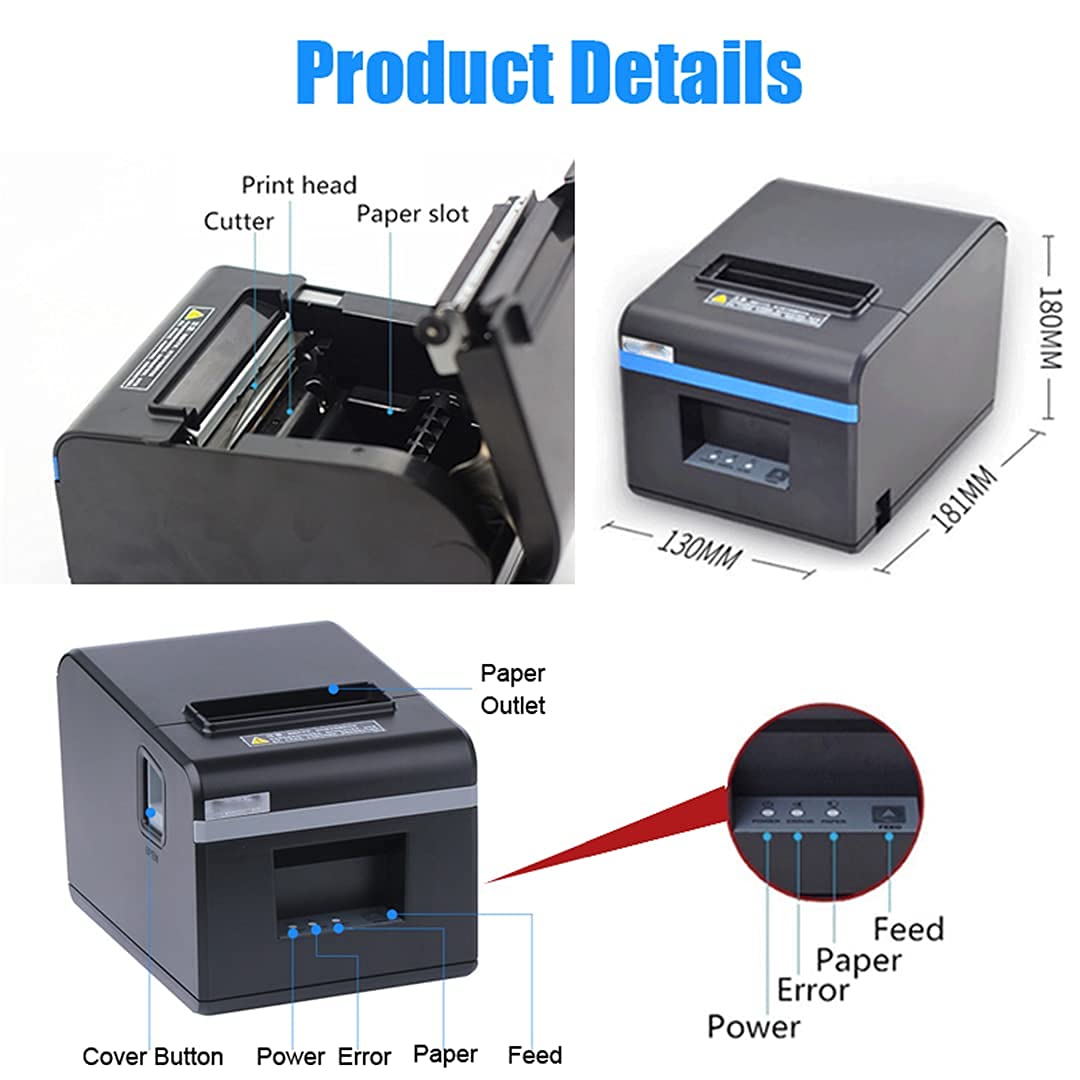 Imprimante Position reçu Thermique Bluetooth et USB 160MM/S 80Mm Port Ethernet USB monté au Mur Automatique caissier Cuisine Restaurant