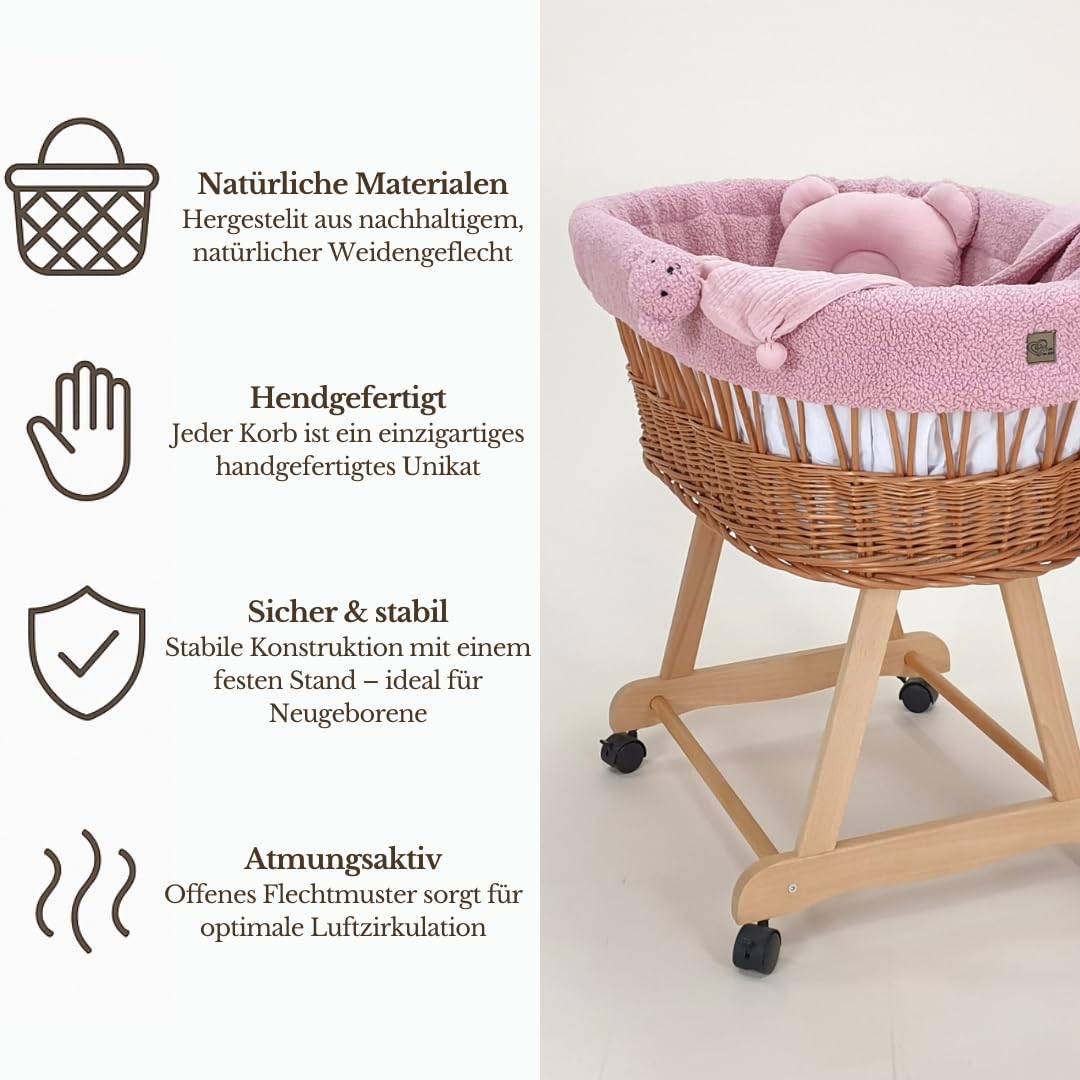 Łóżeczko dziecięce Amelia – naturalne ręcznie tkane Mojżesz ze stojakiem i materacem – 5-częściowy zestaw pościeli Teddy w kolorze różowym – przenośny wózek na kółkach – idealny dla
