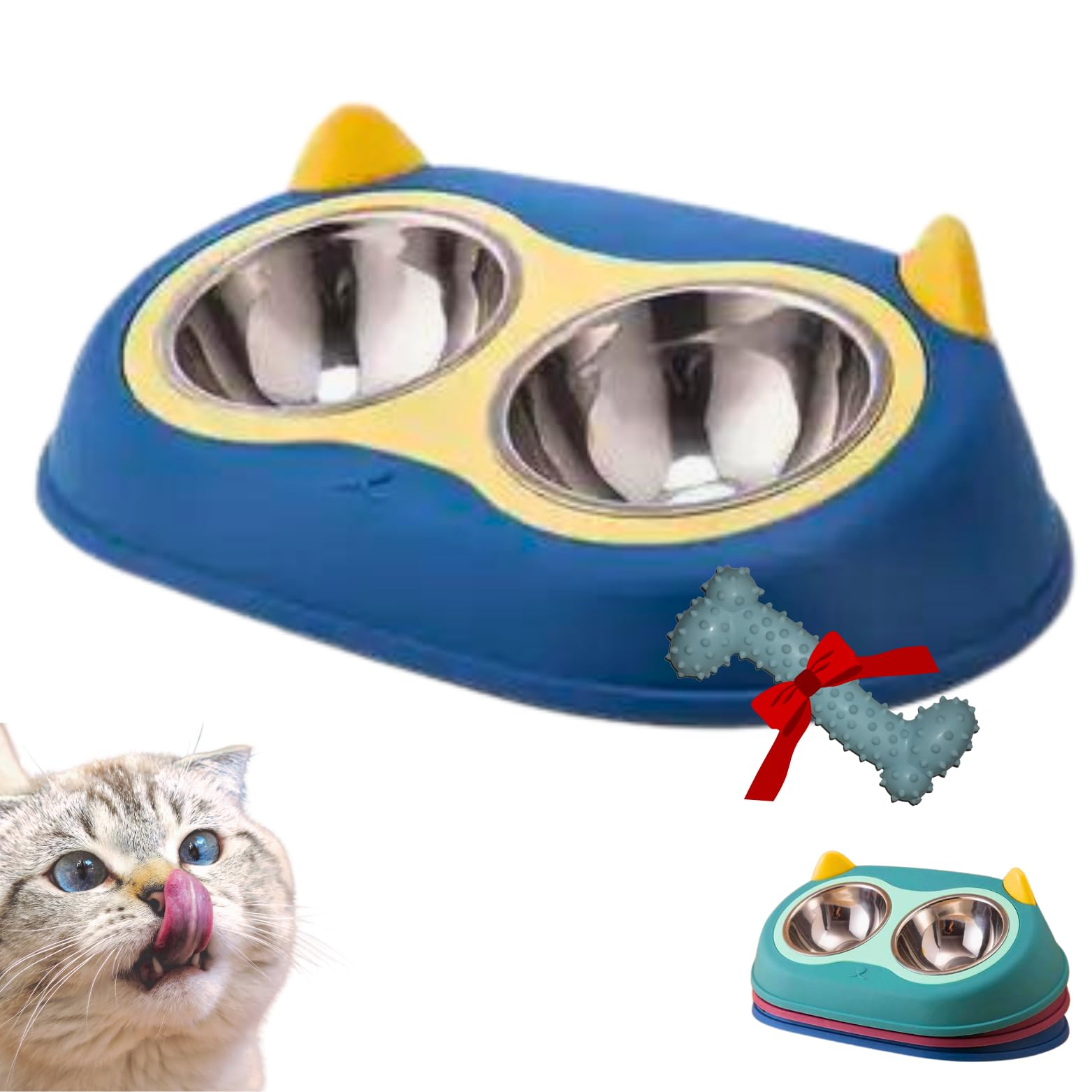 Comedero Gato Elevado 15º inclinación - Comedero Perro pequeño y Mediano con Base Antideslizante - Cuencos para Perros - Comedero y Bebedero Gatos - Tazón Doble Comida y Agua Mascotas (Azul)