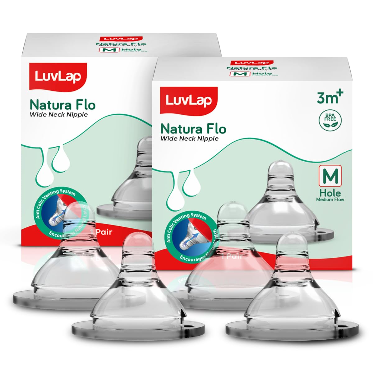 Anti-Colic Natura Flo Teat/Nipple for Wide Neck Bottle,2Pcs Medium Flow, 3M+, Made of Soft & Flexible Silicone, Mimics Breastfeeding, Leak Proof, Bpa Free, Comes with Sturdy Base