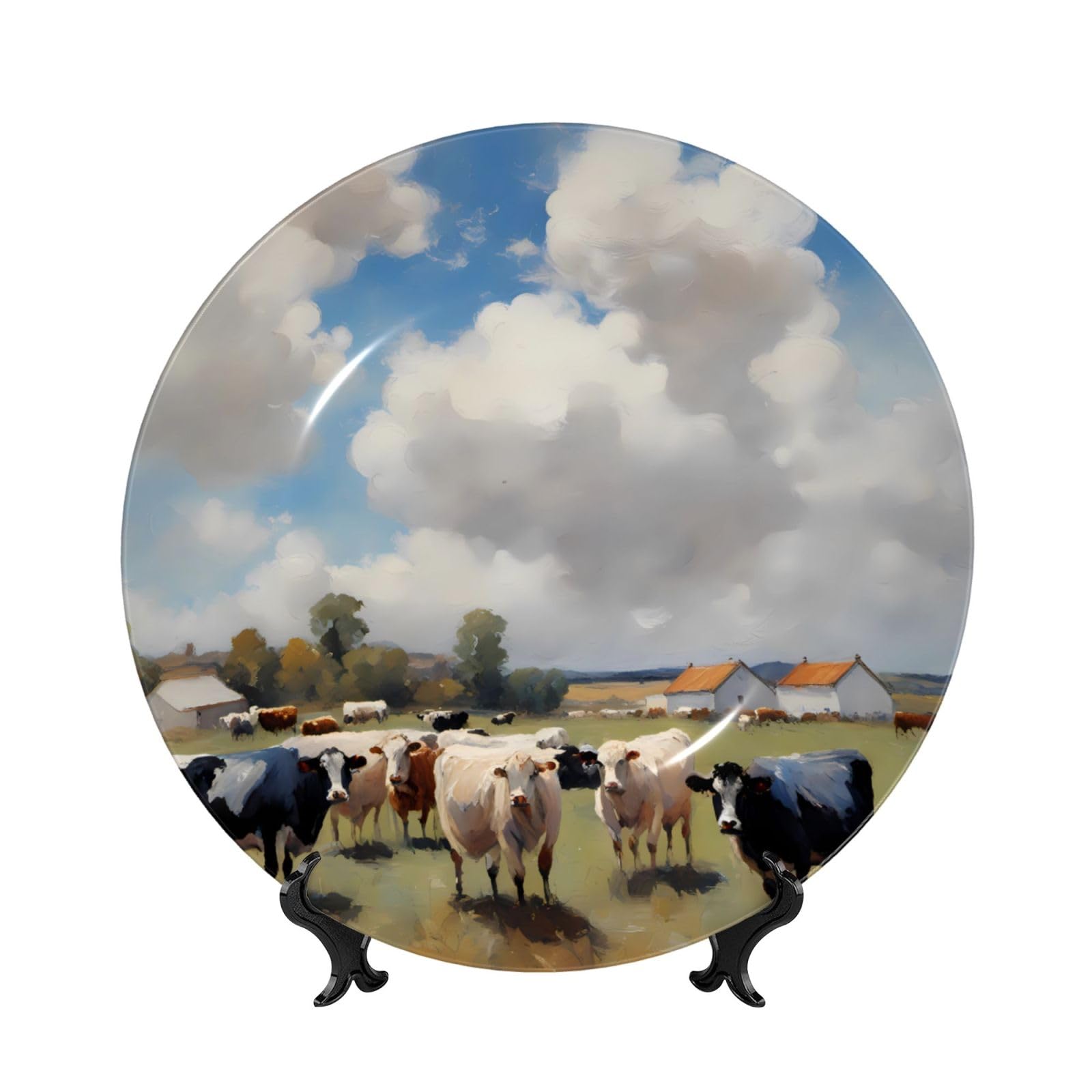 SXZVVBN A large farm. Bone China Decorative Plate Art with Stand Removable Adhesive Hanging for Home Office 7in