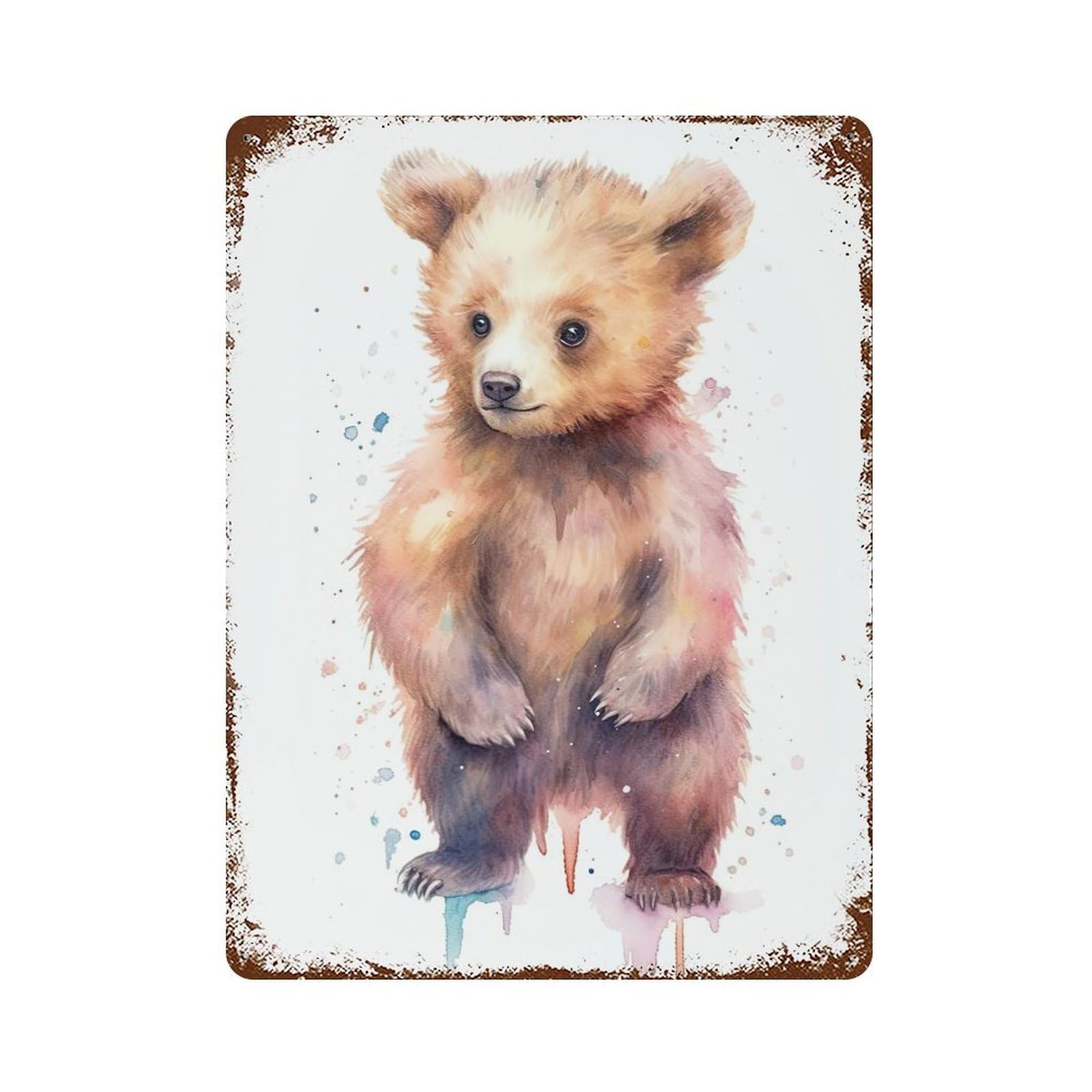 Watercolor Baby Bear Cub 15.7"x11.8" Vintage Rust Metal Sign, Decorative Metal Wall Art for Bistro, Counter And Cafe Decor