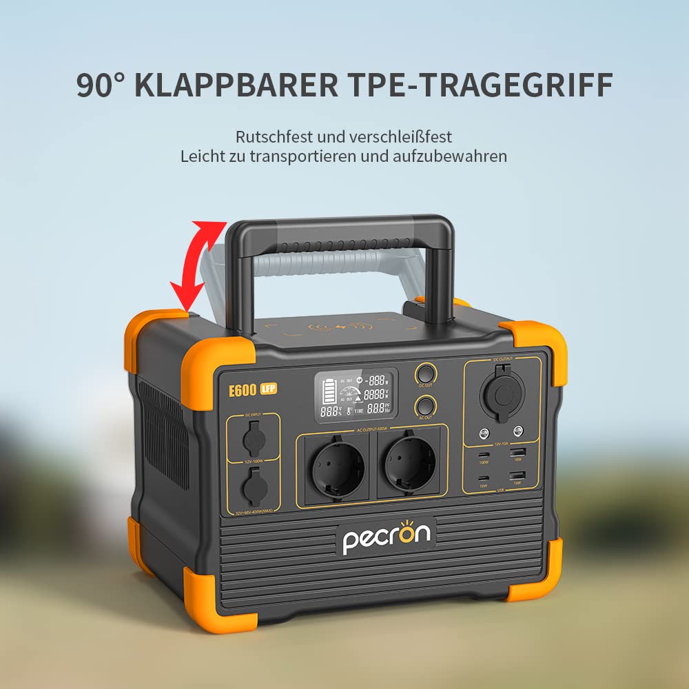 PECRON Generateur Electrique Portable 1200W, LiFePO4 Batterie de Secours 614Wh, EU Prise 220-240V, MPPT (máximo 300W),Chargeur sans fil 15W,Générateur Électrique Solaire pour Camping/Maison/Voiture