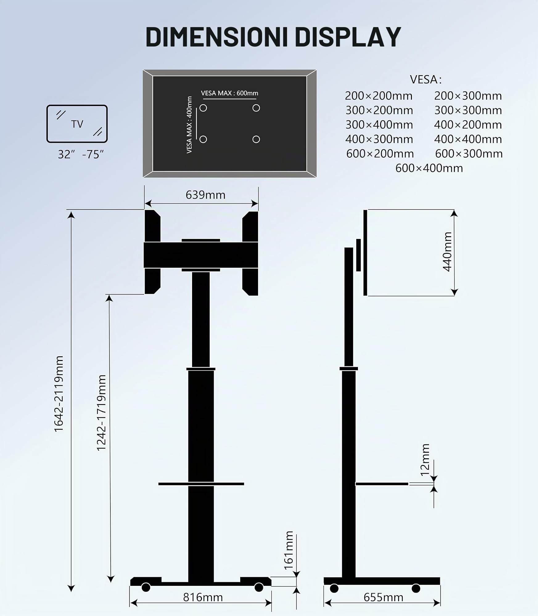 Proton 500 Supporto TV mobile con ripiano, prese di corrente, porte USB, altezza 211 cm, formato verticale orizzontale 32-75 pollici, 40 kg nero