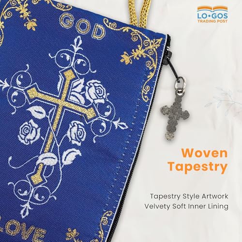 Image of TREE OF LIFE REV. 22:14 Catholic Rosary Pouch, Holy Family & God is Love, 4 inch x 6 inch Jewelry & Coin Purse with Cross, Small Woven Tapestry Icon Bag, Bolsa de Rosario Catolico para Joyeria
