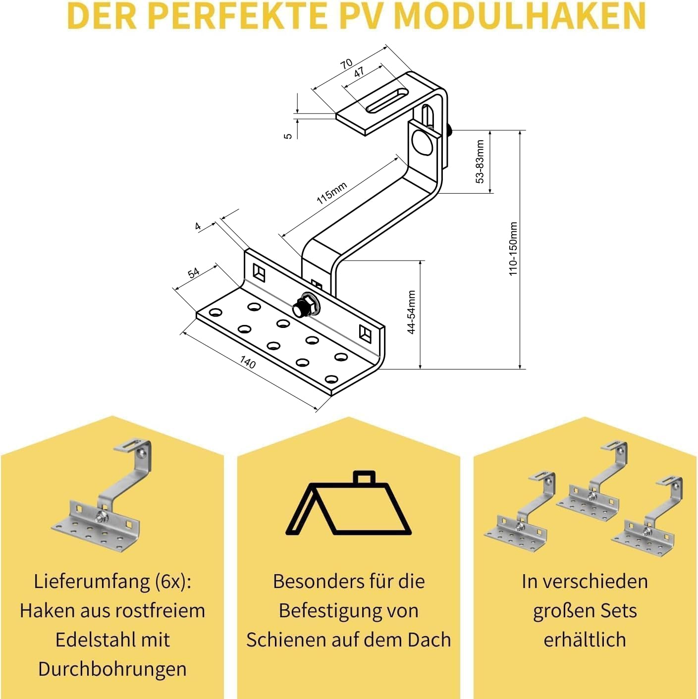 Avoltik 6x Dachhaken (3-fach verstellbar) Photovoltaik Halterung I Dachhalterungen Solarmodule A2 aus rostfreiem Edelstahl 1.4301 I robuste Dachhalterung Balkonkraftwerk zur sicheren Montage