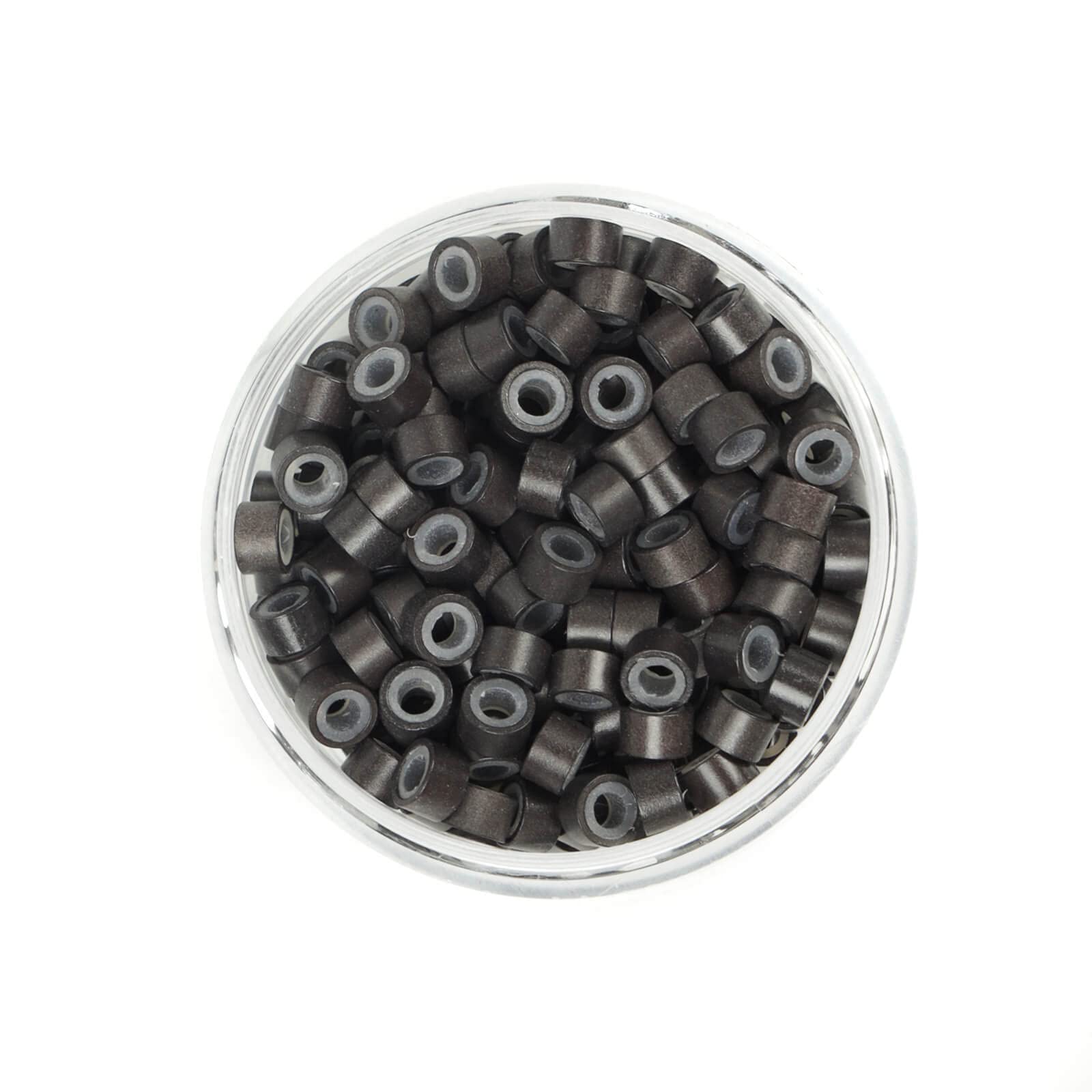 Beads silikonowe mikro-pierścienie 5 mm, lined do przedłużania włosów, tip/nano koraliki, koraliki narzędziowe, ciemnobrązowe, 200 sztuk