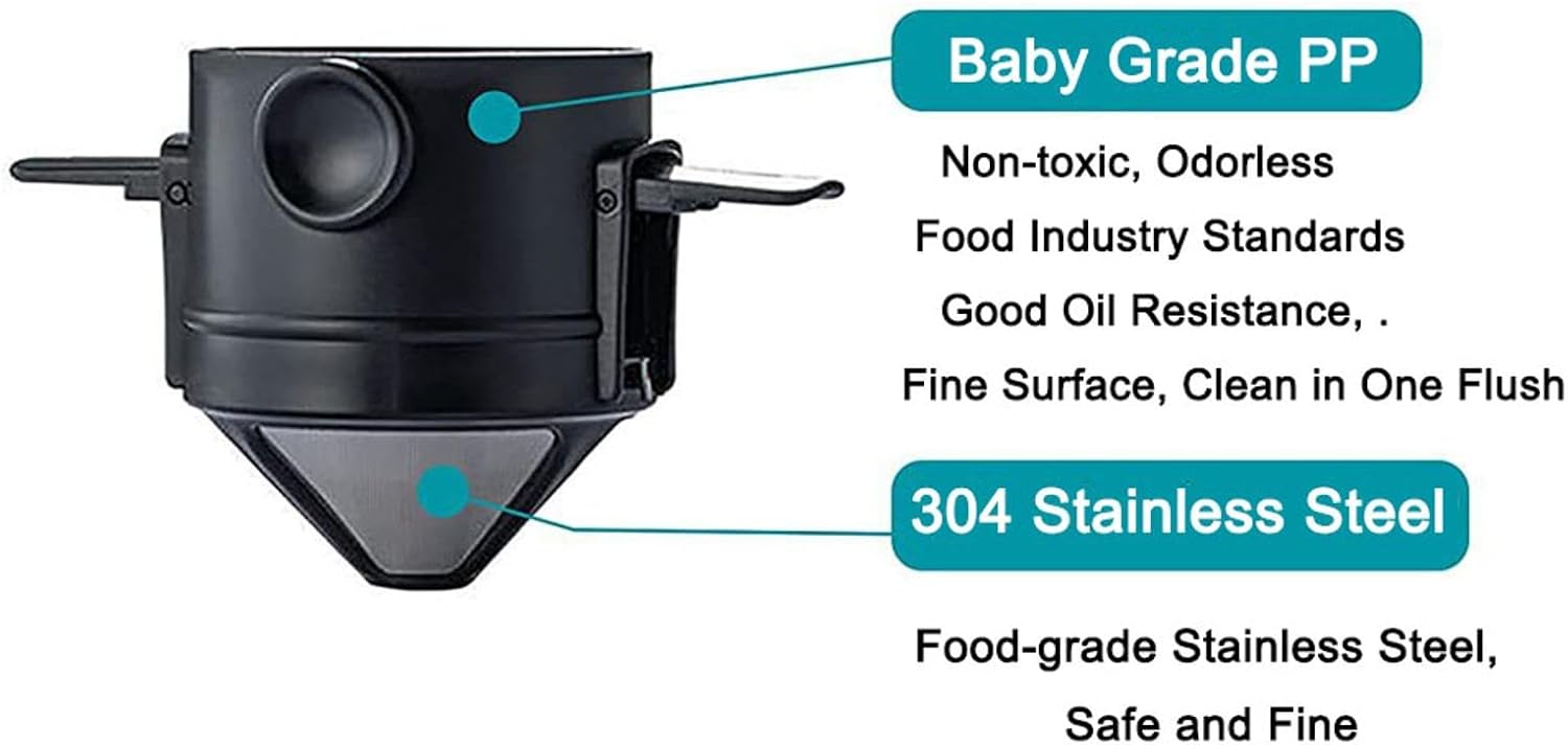 6 Pcs Stainless Steel Cone Reusable Coffe Filter Basket with Foldable Stand, Double Laywer Structure for Ceramic Cup, Wooden Handle Thermos Cups, Easy to Clean