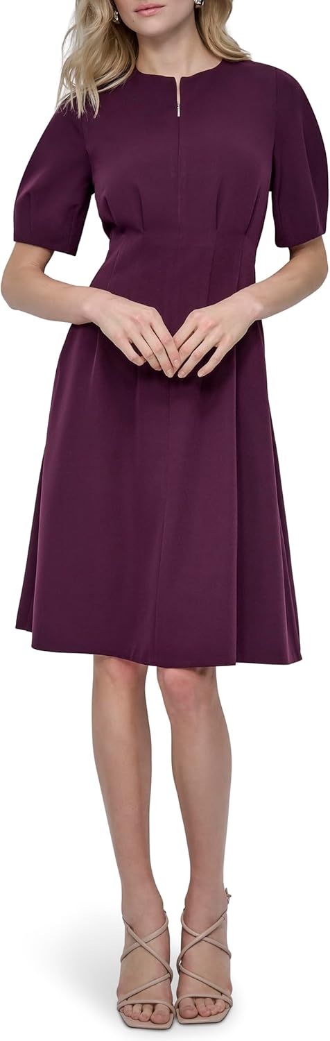 DKNY Womens Short Puff Sleeve Jewel Neck Knee Length Two Slit Pocket Zipper Front Dress - Image 2