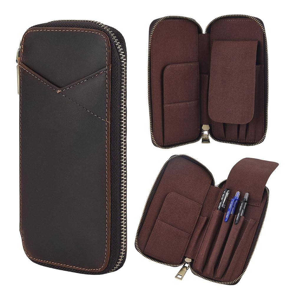 NBEADS Leather Zip-Around Pen Case, 4 Fountain Pen/Pencil Case Pouch, Zipper Closure with Multi-Function & Slots, Pencil Pouch Holder for Ballpoint Rollerball Pens Pencils, 185x90x26mm