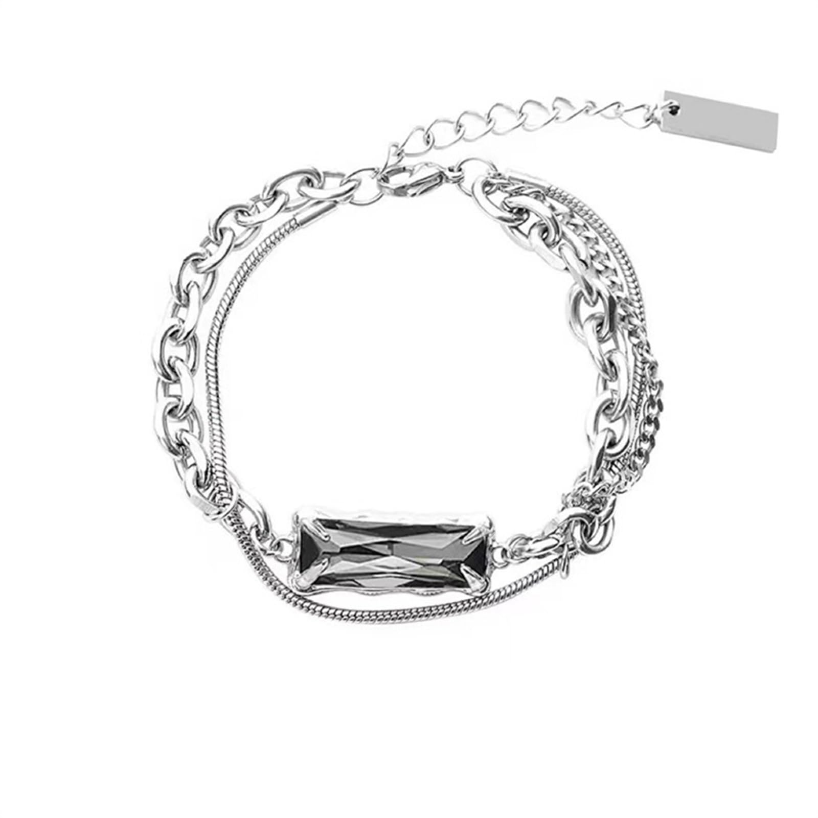 Gothic Jewellery, Mens Bracelet, Double Layered Silver Stainless Steel Byzantine Cuban Cross Chain Bracelet With Black Gemstone Charm Couple Jewelry-image-12