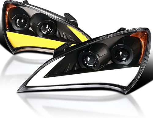 SPEC-D TUNING Proyector de barra de luz LED negra con señal de giro secuencial compatible con Hyundai Genesis Coupe 2010-2012, conjunto de faros