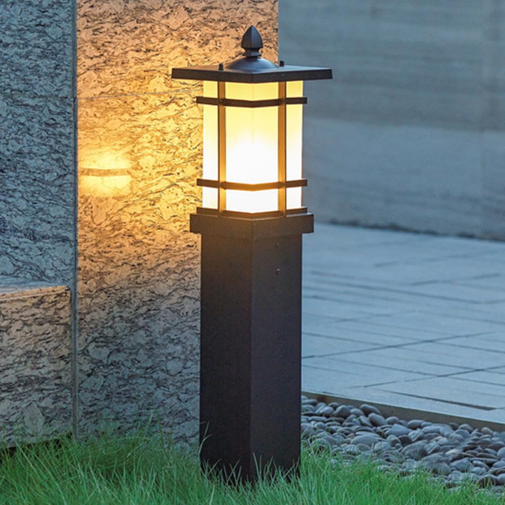 HELCEKOU Modern Landscape Path Light Glass Lantern Bollard Lighting Fixture Rustic Vintage Aluminum Waterproof Pathway Exterior E26 Floor Lamp for Lawn Garden Courtyard Driveway