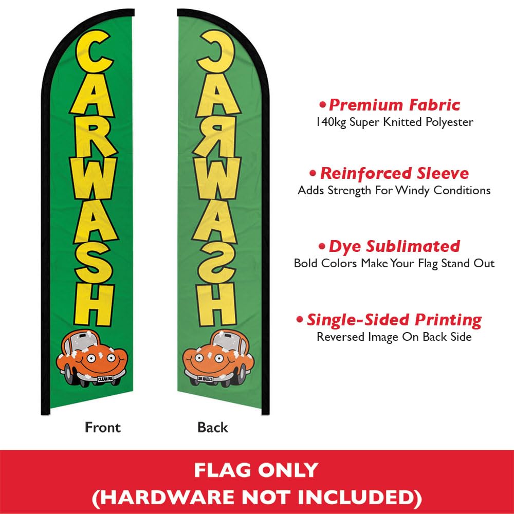 Car Wash (Green) Windless Banner Advertising Flag - Perfect for Car Washes, Auto Detailers, Mobile Car Wash, Drive-Thru Wash, Gas Stations