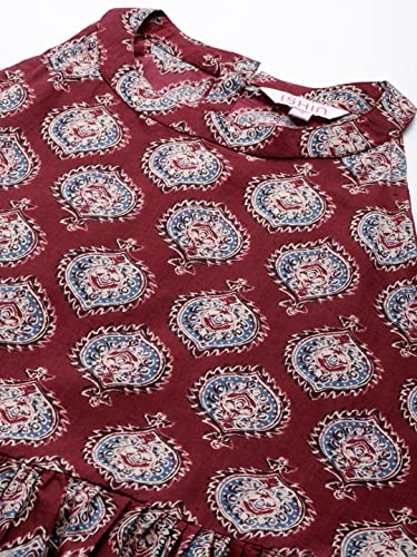 Image of ishin Women's Pure Cotton Maroon Abstract Printed A-Line Kurta suit set with Sharara & Dupatta