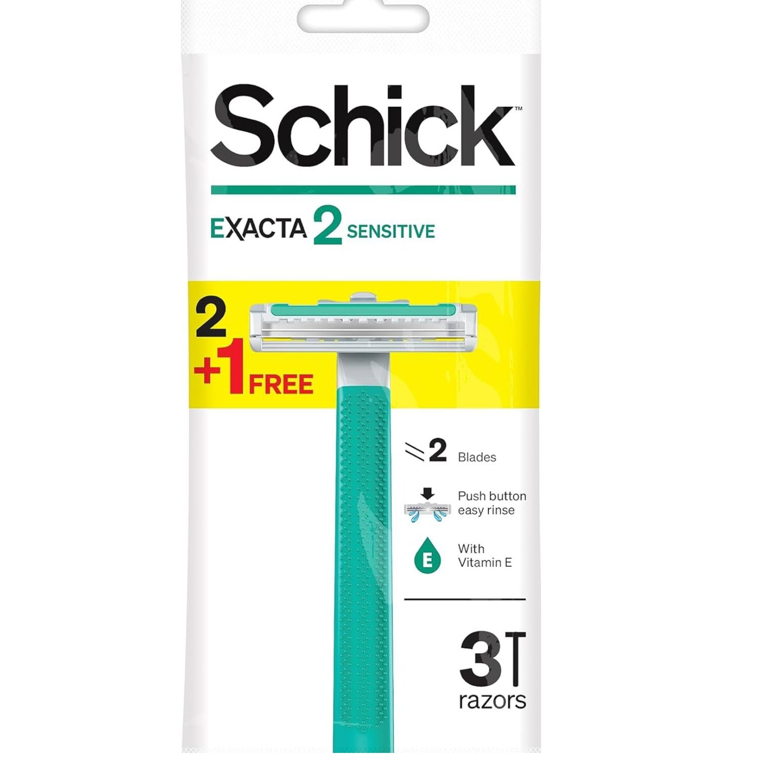 Exacta2 Sensitive Twin Blade Disposable Razor For Men-Strip Enriched With Vitamin E & Aloe-Vera-Close & Smooth Shave-Push Clean Button-Slim Head-Non Slip Comfortable Rubber Grip- 2+1 Razors
