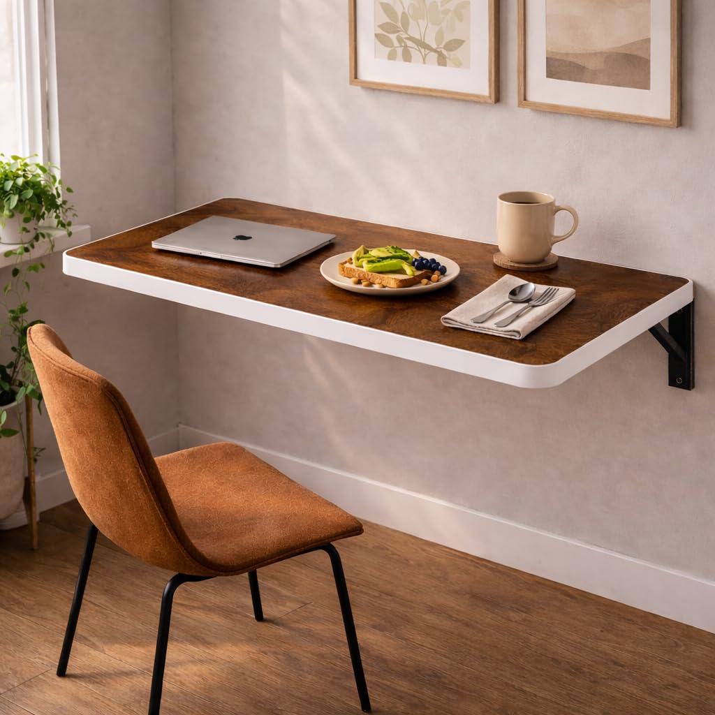 Wall Mounted Folding Table | Space Saving Wooden Wall Desk with Rounded Corners & Heavy Duty Bracket | Foldable Study Table for Home, Office & More (Premium Brown, 16 X 24 Inches)-image-16