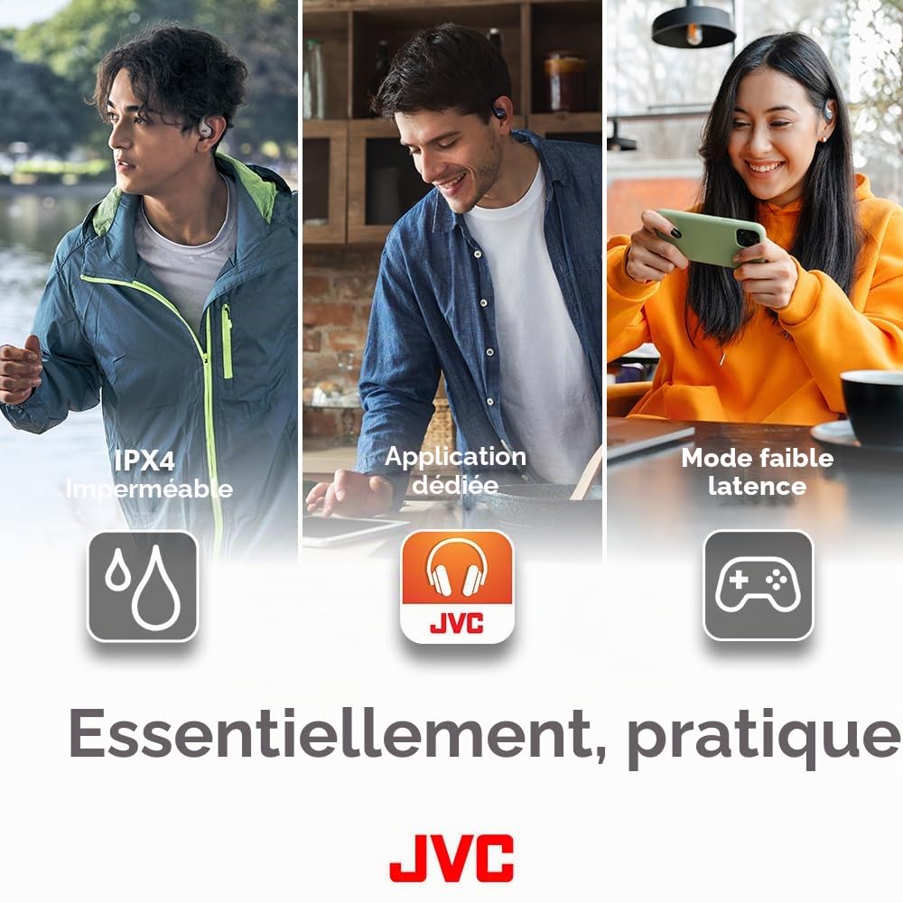 JVC Nearphones HA-NP50T-G True Wireless, Design Oreilles Libres, Ecoutez de la Musique sans Vous Couper du Monde, Légers, ANC pour Les appels, IPX4, 38 h d'autonomie, BT 5.3, Vert Sauge