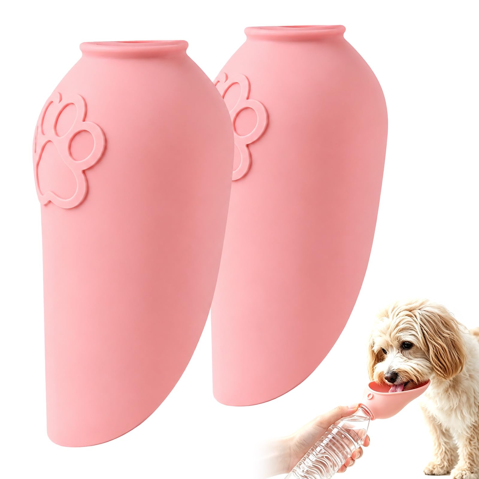 2Pcs Pet Water Bottle, Portable Silicone Drinking Dispenser, Leakproof Hydration Container for Most Standard Bottle Necks, Useful Pet Drinking Bottle for Walk, Camping and Travel（Pink）