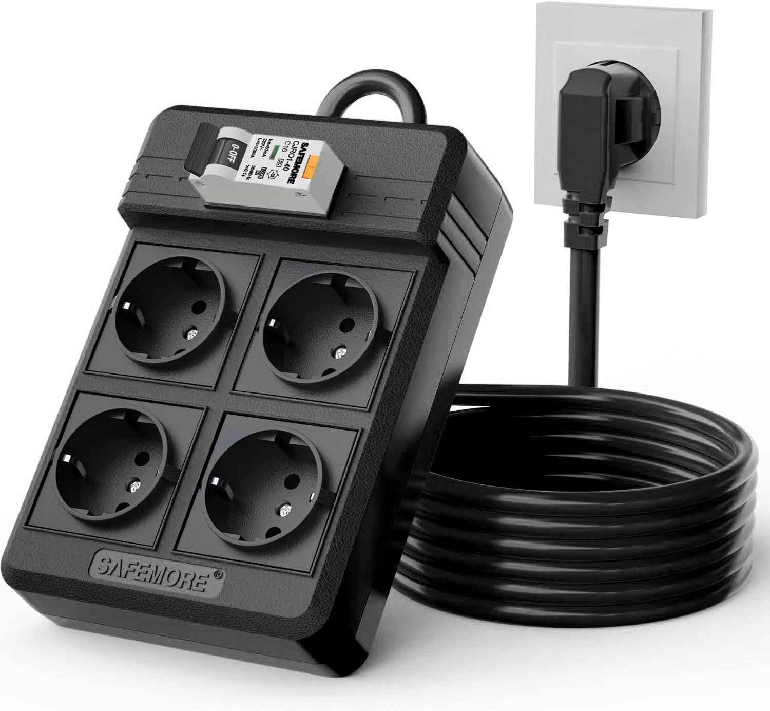 Gniazdo wielofunkcyjne z wbudowanym wyłącznikiem ratunkowym, 4 gniazda z ochroną RCD 16A/250V, listwa ratunkowa 4000 W z kablem przedłużającym 3 m i przełącznikiem różnicowym 30 mA RCBO