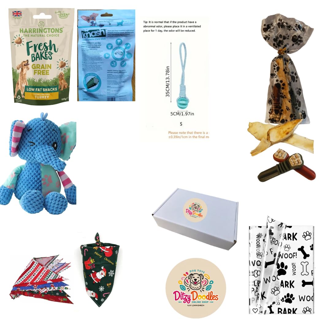 Toy Bundle for Small,Medium Dogs 20weeks above upto10kg,encorages play reduces boredom,improves enrichment,Dog Chews,Ball rope (5cm dia) Squeaky Elephant