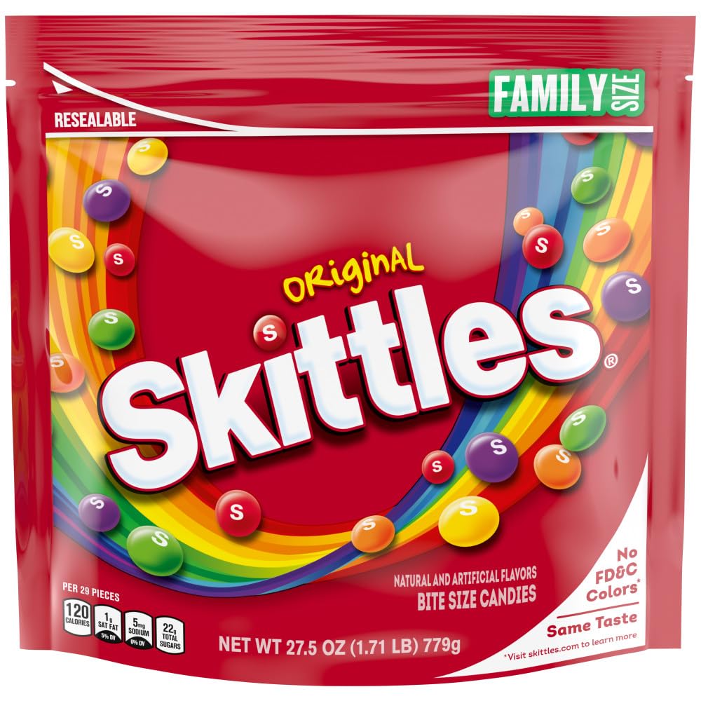 SKITTLES Original Fruity Chewy Candy No FD&C Colors, Family Size, 27.5 oz | Chewy Candy Bulk Rainbow Fruit Candies with No FD&C Colors Bulk Resealable Bag for Party, Road Trip, Snacking, Movie Night