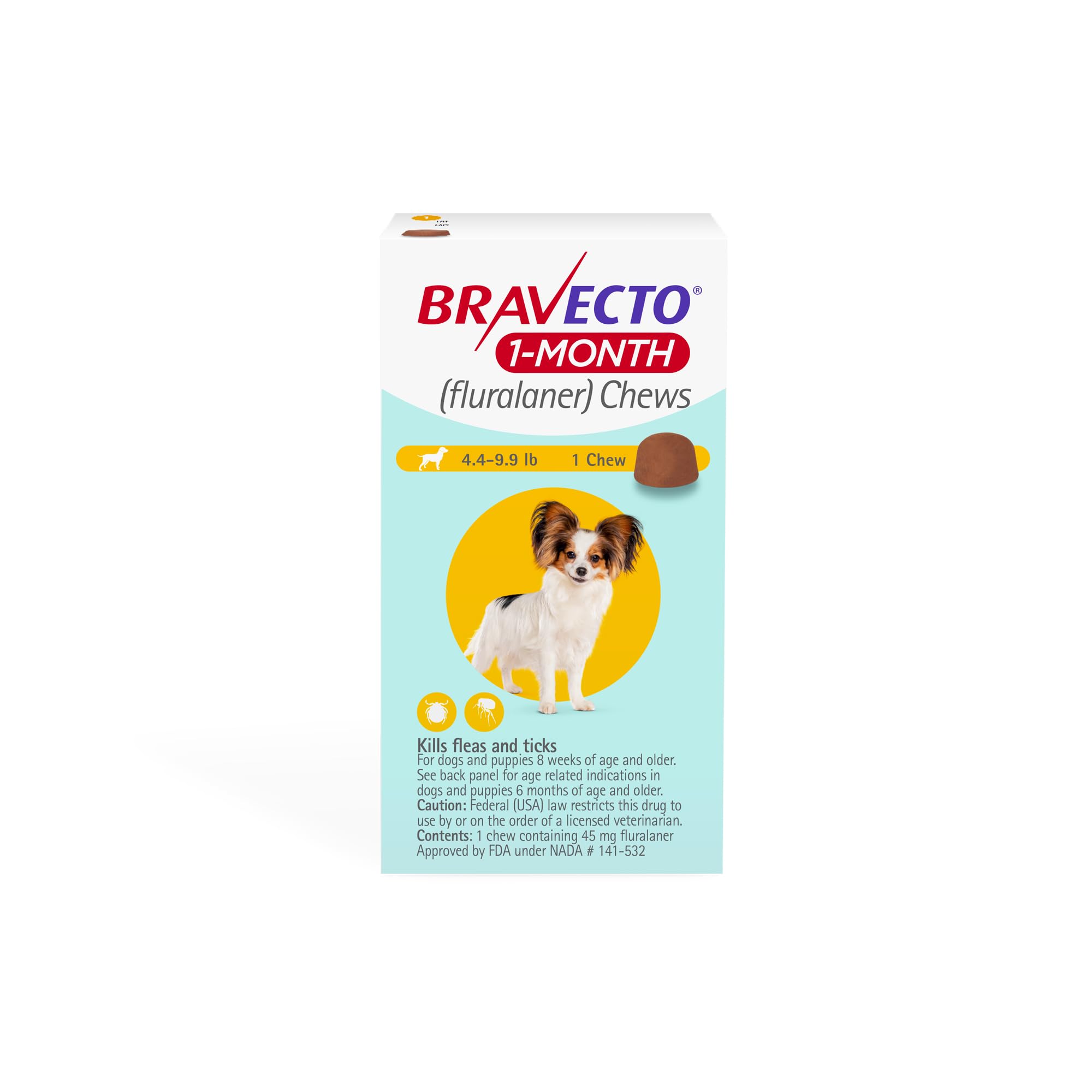 BRAVECTO 1-Month Flea & Tick Chew for Puppies, 1 Chew, 1 Month Supply, 4.4-9.9 lbs., Yellow Box