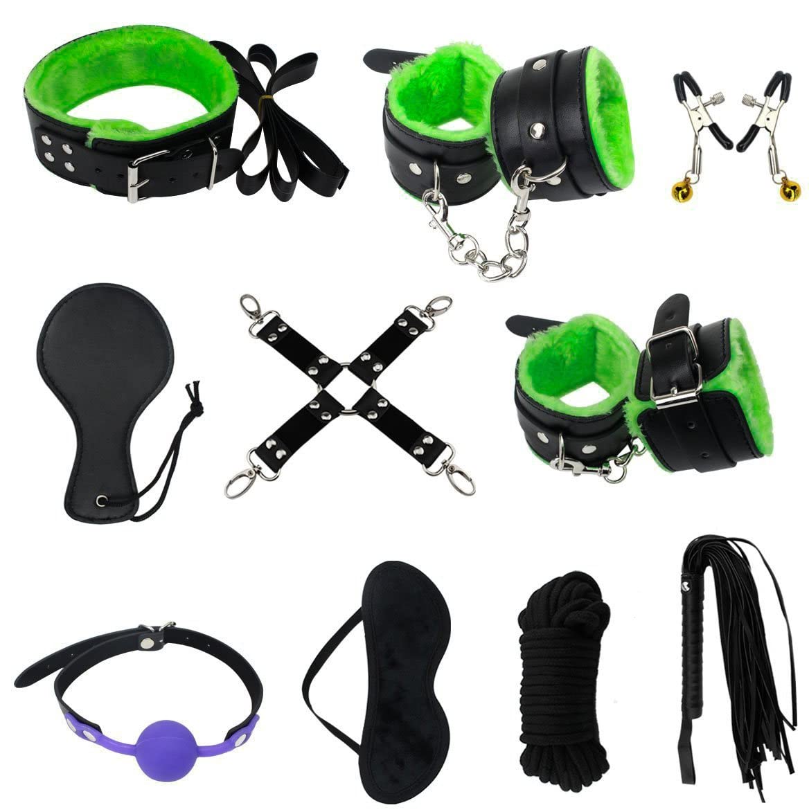BONDAGERIE® Kit 10 Accessori Verde per coppia uomo donna, Manette, Cavigliere, Frusta, sacco raso incluso, Letto