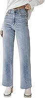 KDF Women's High Waisted Straight Leg Jeans - Frayed Raw Hem Baggy Cropped Wide Leg Stretchy Pants
