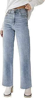 Straight Leg Jeans for Women High Waisted Jeans Frayed Baggy Pants Raw Hem Loose Stretchy Cropped Wide Leg Jeans