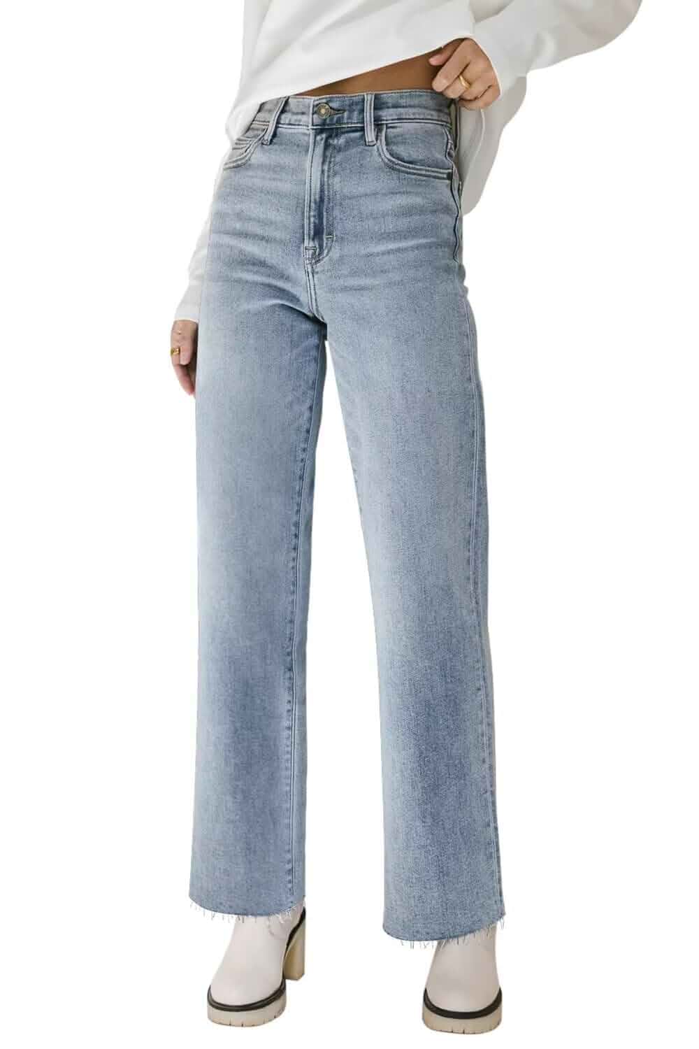 KDF Straight Leg Jeans for Women High Waisted Frayed Baggy Pants Stretchy Cropped Wide Leg Jeans Jeans · Standard