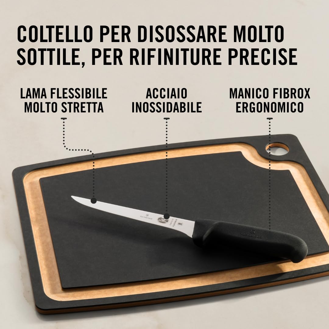 Victorinox Fibrox, Coltello per disossare, Coltello da Cucina stretto per Carne e Pollame, 15 cm, Lama Dritta, Stretta, Flessibile, Affilata, Acciaio Inossidabile, Nero