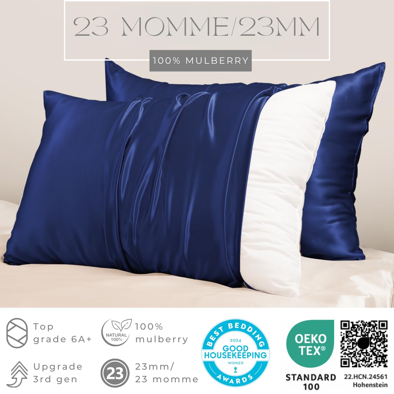 PROMEED Funda de almohada de seda de morera 100 % para cabello y piel, resistente a los alérgenos en ambos lados, 23 momme, 1400 hilos, con cremallera oculta, 1 unidad (Queen, 51 x 76 cm, azul marino)
