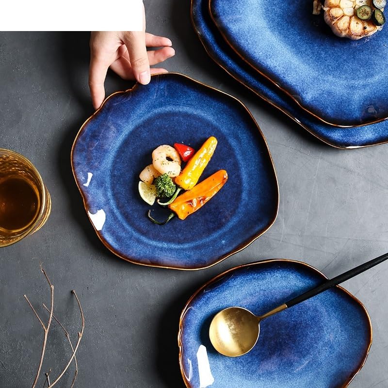 Grandes assiettes plates en céramique de style japonais - Design irrégulier - Empilables - Pour salade et dessert - Service de table XL - Parfait pour le divertissement et une utilisation quotidienne