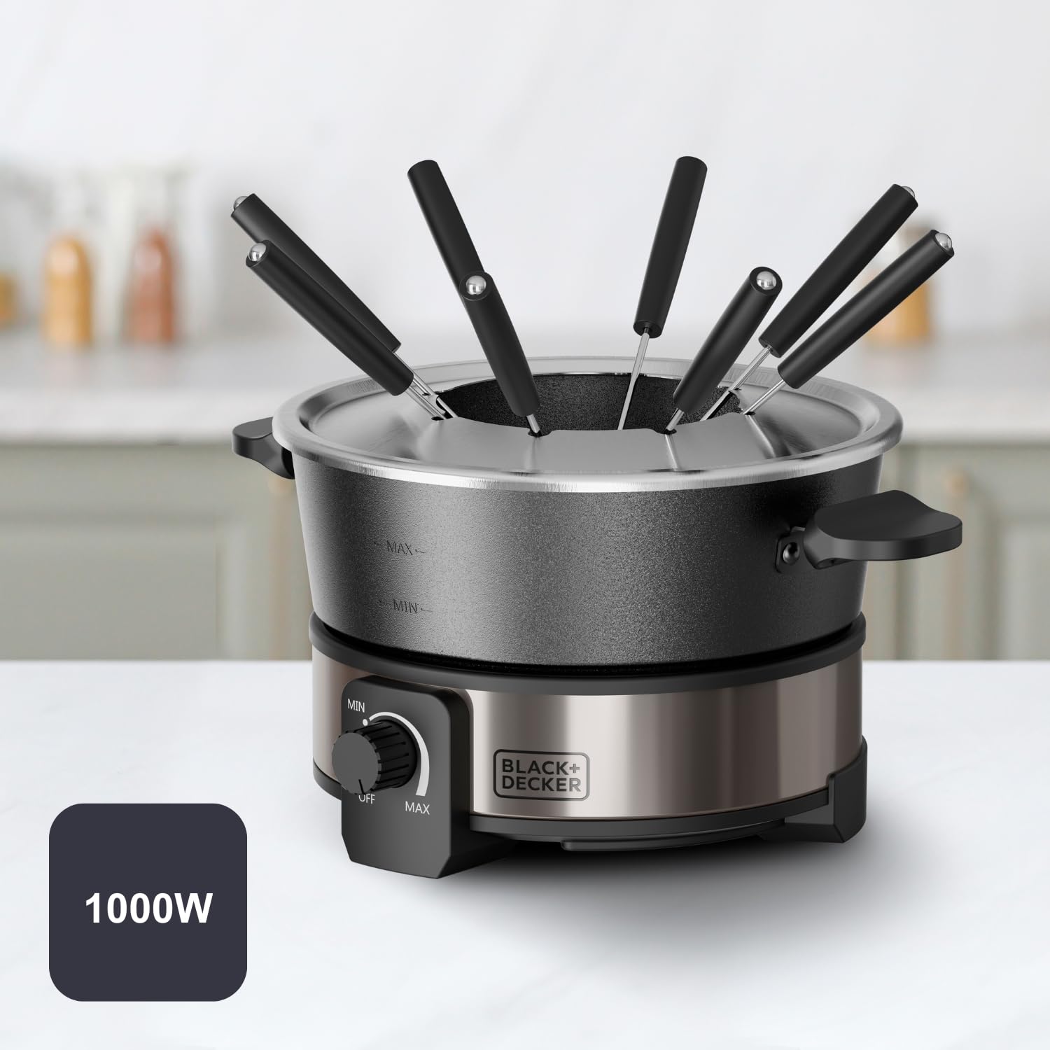 BLACK+DECKER - Fonduegerät 1000 W | 2 L | Temperaturregler bis 200°C | Schokolade, Käse, Brühe & Öl | Antihaft ohne PFOA | 8 Fonduegabeln | Kühler Griff | Spülmaschinenfest