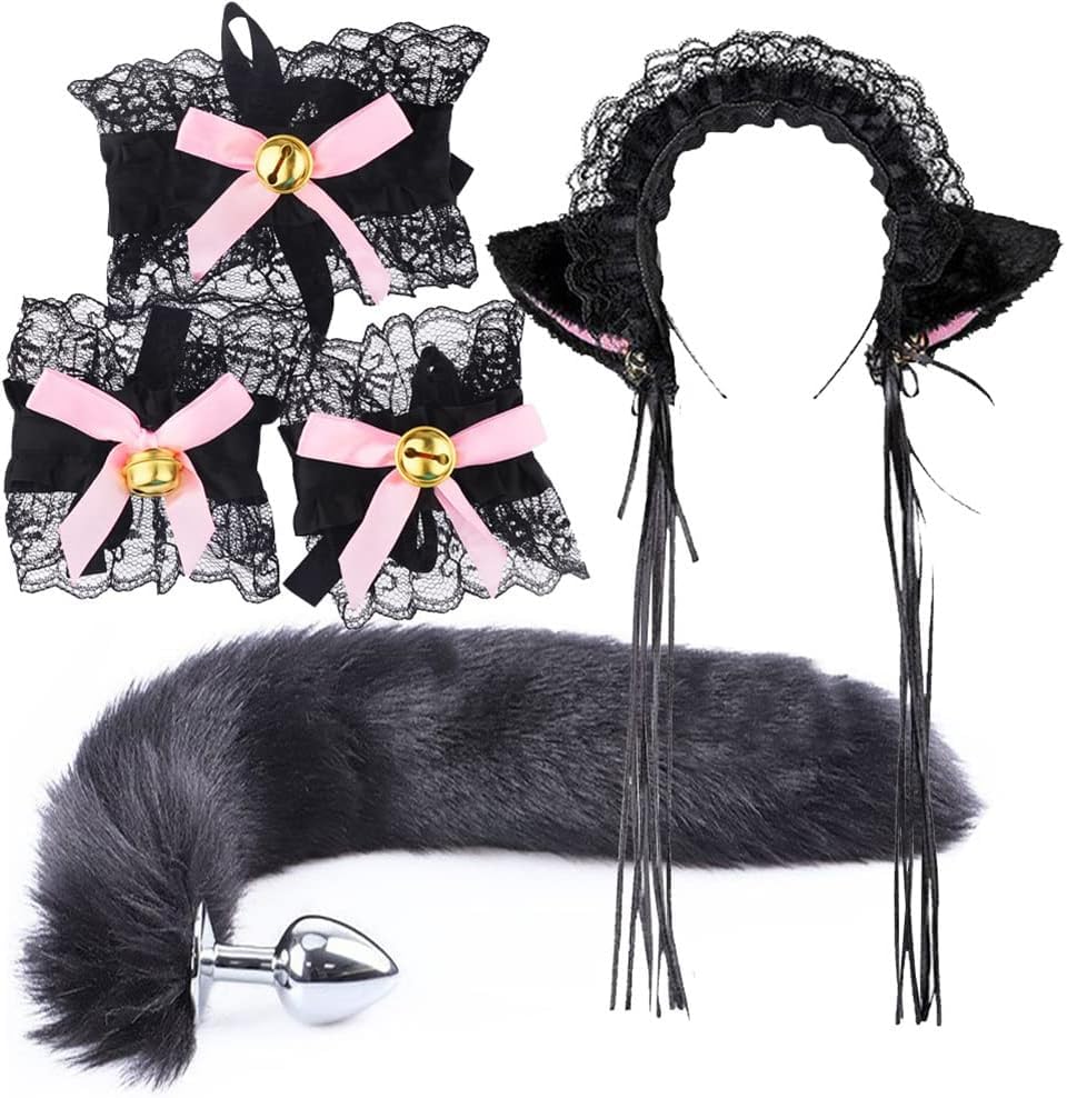Ctallthy Furry Fox Tail Plug Cute Cat Ears Headband Bells Neck Collar Lace Bracelet for Cosplay Costume Party (Black)