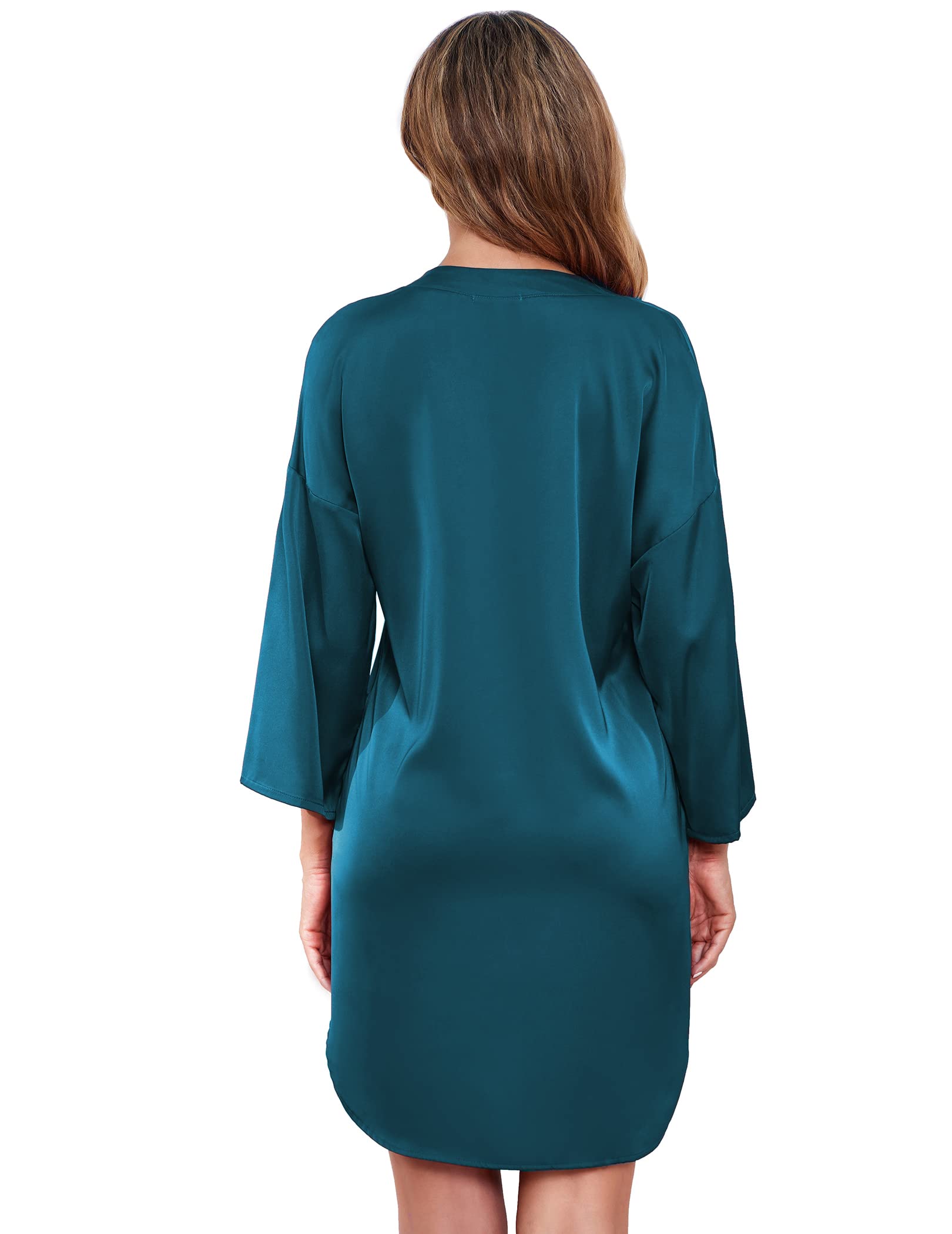 Ekouaer Satin Nightgowns for Women Silk Sleepwear Button Down Sleepshirt 3/4 Sleeve V-Neck Nightshirts with Pockets: Blue Green Large