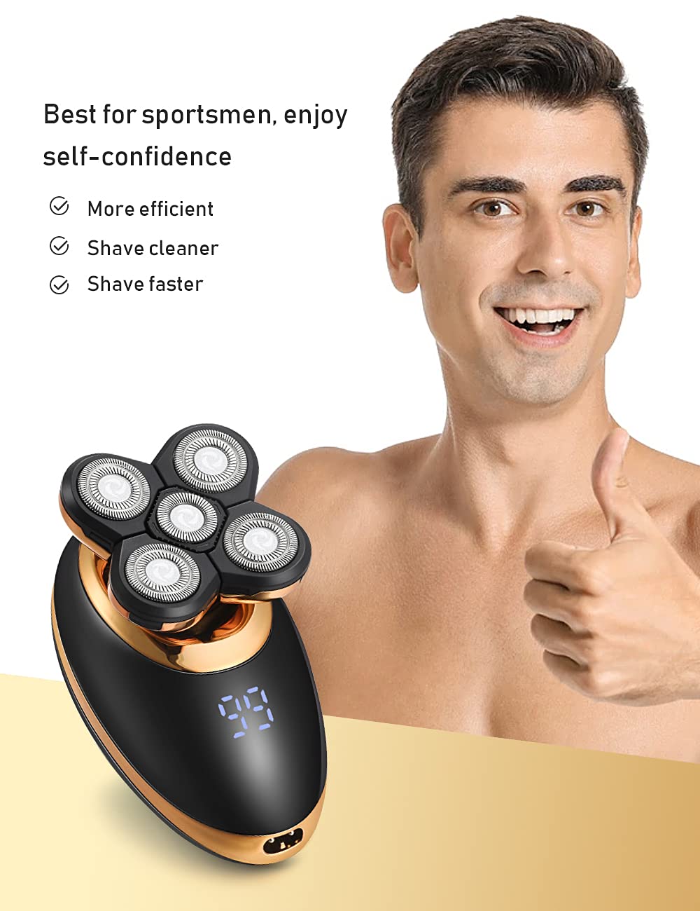 Afeitadora de cabeza eléctrica 5 en 1 para hombres calvos – Afeitadora de cabeza para hombres – Anti-pellizco – Diseño ergonómico – inalámbrico y recargable. (dorado)
