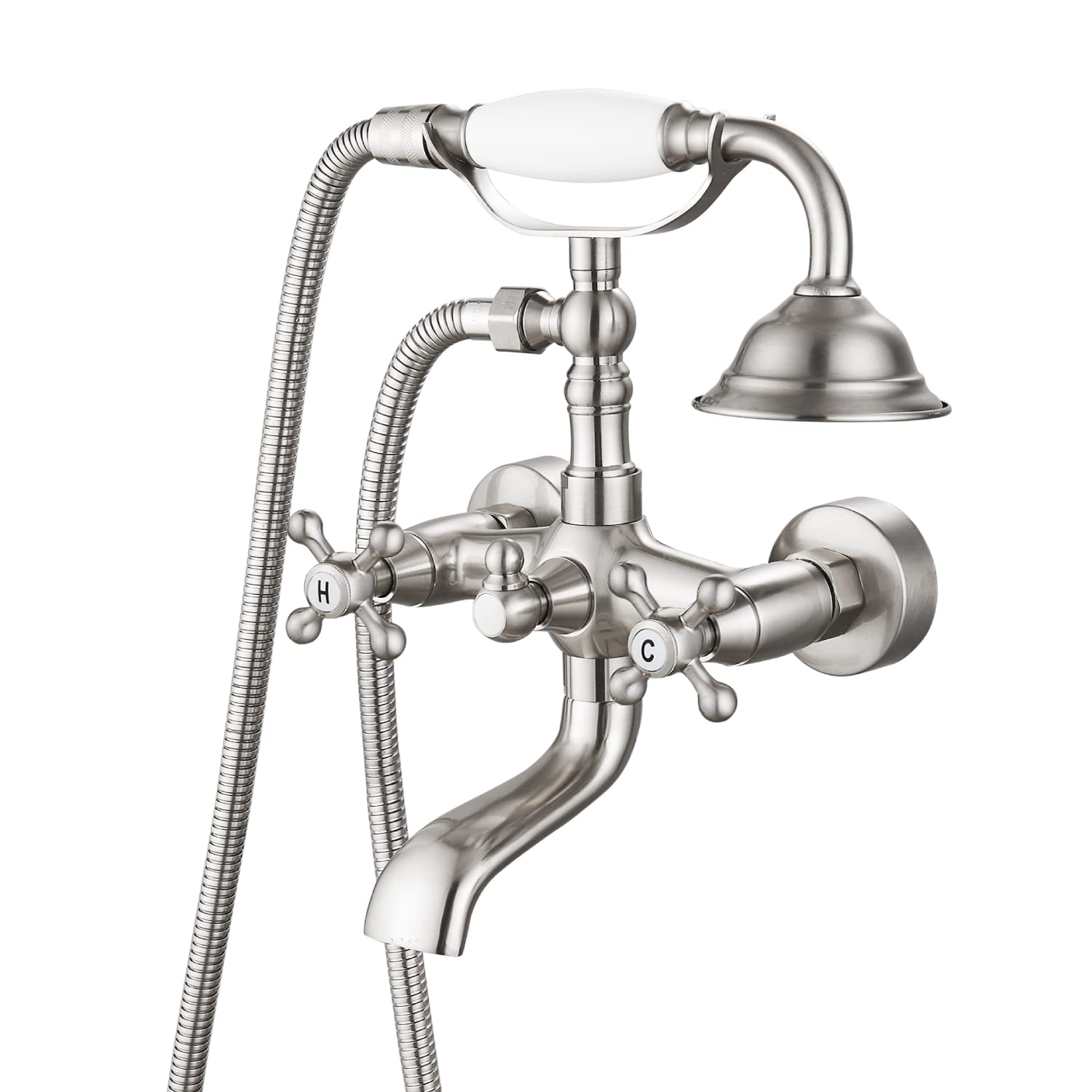 Airuida Brushed Nickel Wall Mount Bathroom Faucet with Handheld Shower Sprayer Wall Mount Only Bathroom Tub Faucet Double Cross Handles Hot and Cold Water Mixer Tap Shower Vintage Style