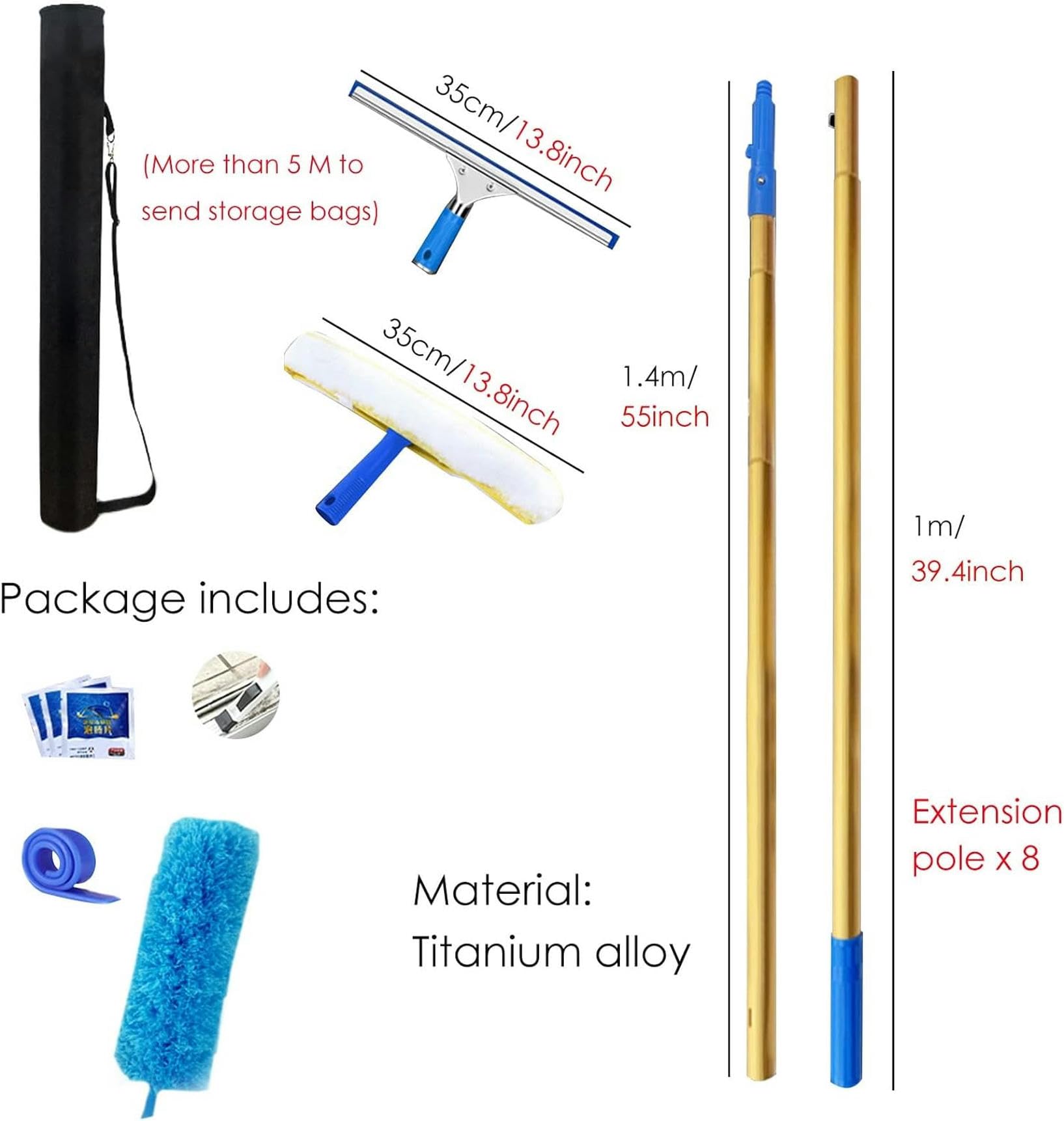 Perche Nettoyage Vitres Raclette À Vitre Pôle De Nettoyage Pour Les Entreprises, Intérieur/extérieur Kit De Lavage De Vitres En Hauteur Dépoussiéreur À Grande Portée, Voiture Appartement Utiliser ( Si