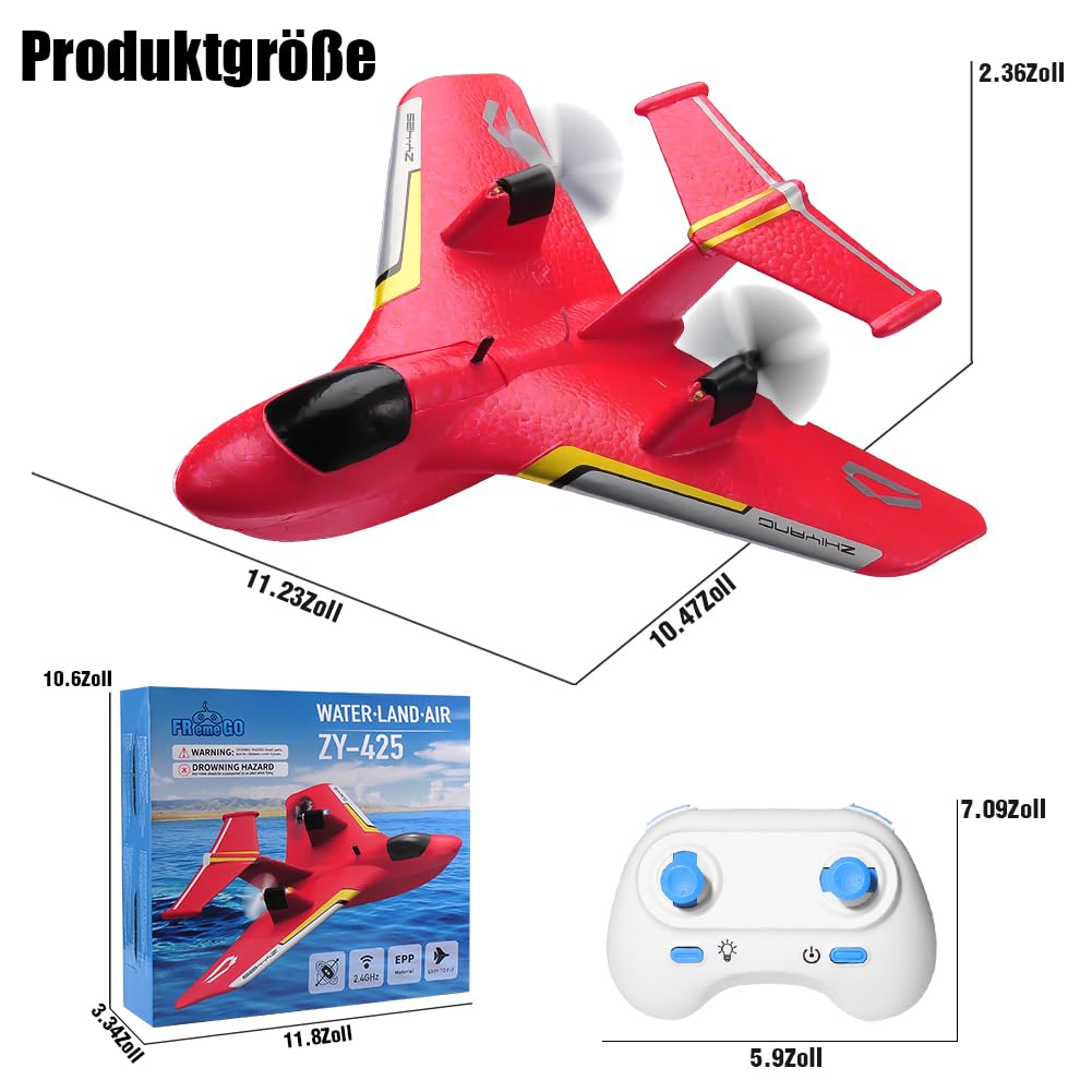 Fremego RC Flugzeug für Wasser, Land und Luft,2.4GHz Glider Ferngesteuertes Flugzeug mit 2 Batterien und Licht,2CH Kampfflugzeug Modell Spielzeug für Kinder Anfänger (Rot)