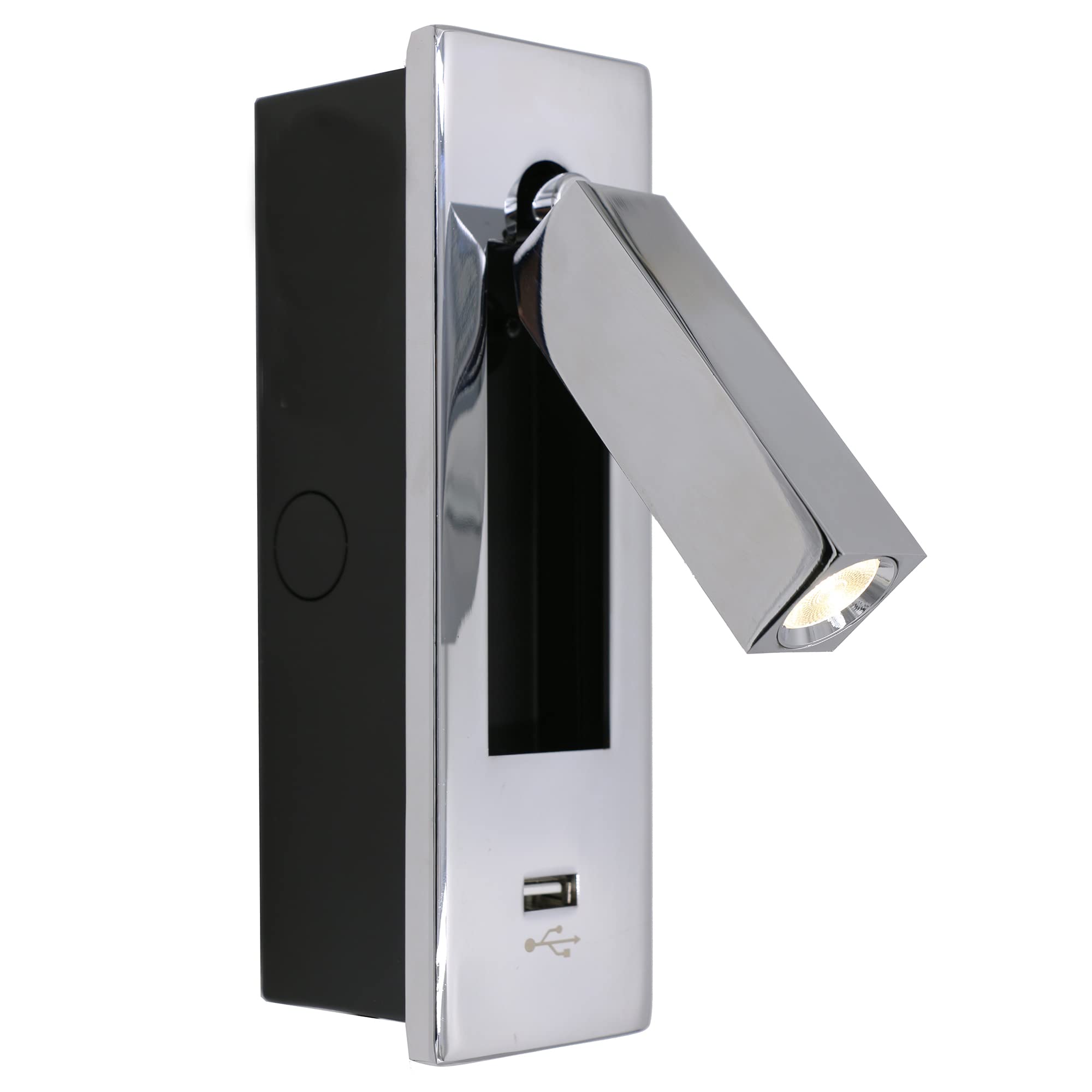 3W LED Recessed Mount Directional Spotlight Bedside Reading Light Hidden Button Adjustable Picture Project USB Charging Port Chrome
