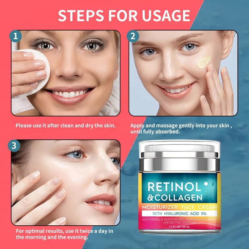 Miniatura 5 de Crema de retinol para cara con ácido hialurónico, hidratante antienvejecimiento de día y noche para mujeres y hombres, crema de colágeno para la