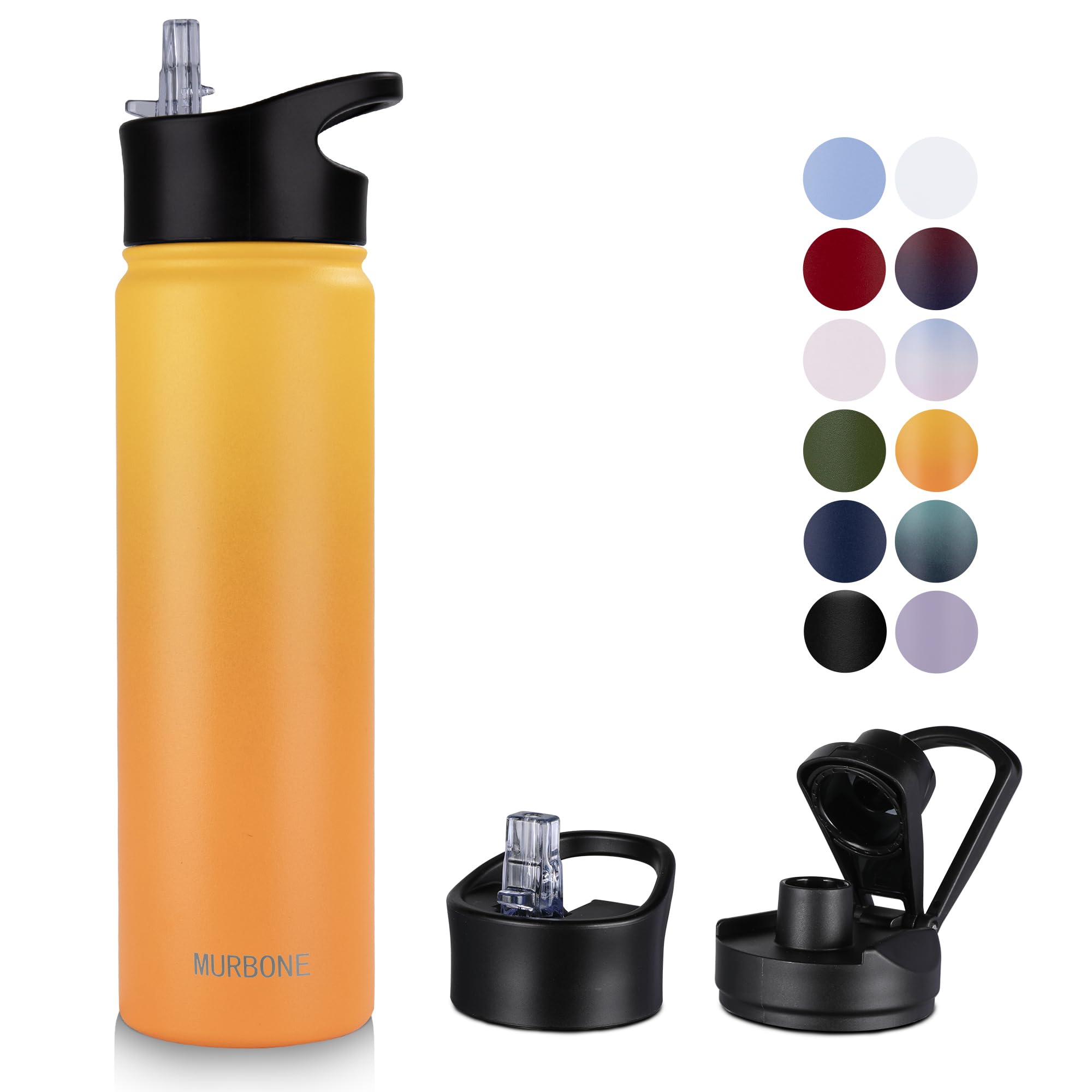 MURBONE Insulated Water Bottle, 750ml Stainless Steel Drink Flask with Straw, BPA Free, 2 Lids (Straw Lid and Spout Lid)