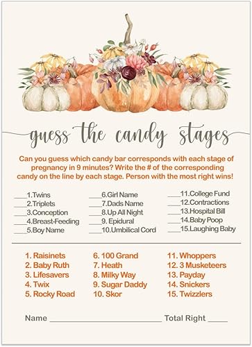 Paper Clever Party Juego de calabaza Baby Shower Game Match The Candies tarjetas de actividad, floral y calabaza, juego de 4 x 6, paquete de 25